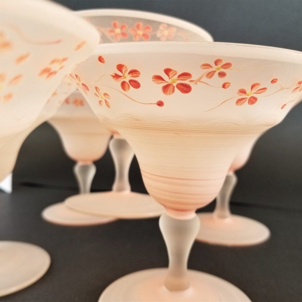 Set 6 Pink Frosted  Hand Painted Parfait Glasses